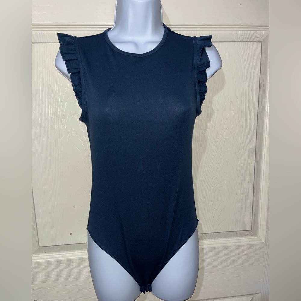 MangoPop Navy Blue Ruffled Sleeve Bodysuit